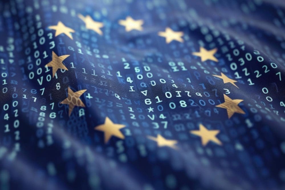 The European Union flag is overlaid with flowing lines of digital code and data