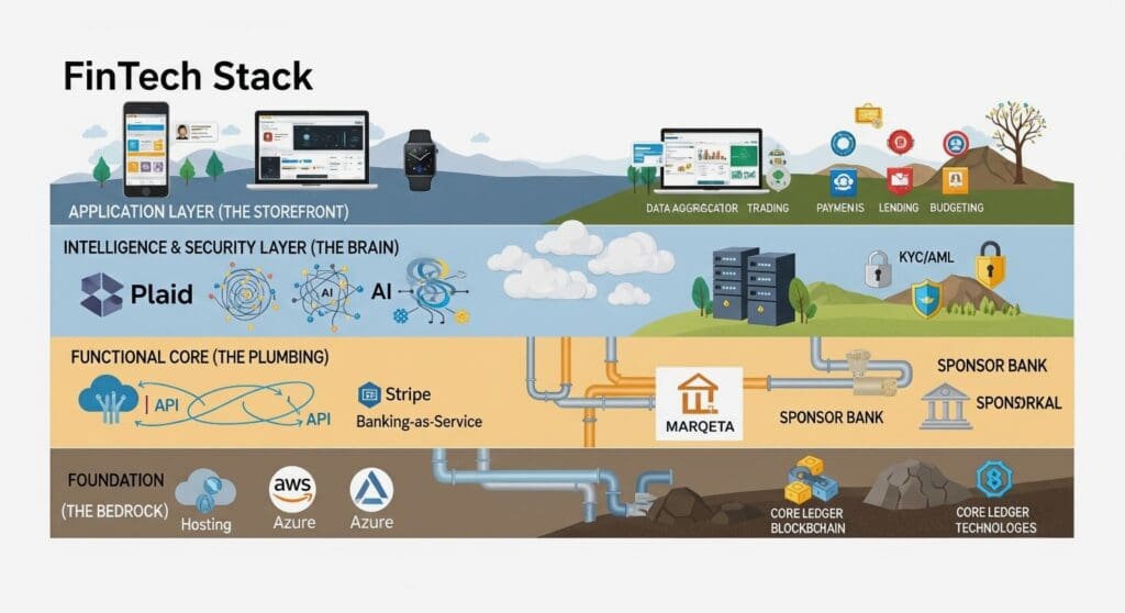 A four-level diagram of a FinTech stack with the layers labeled as Application, Intelligence & Security, Functional Core, and Foundation.