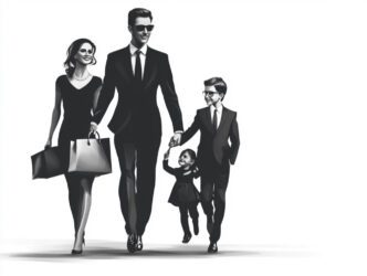 A stylized black and white drawing of a family of four in suits walking together