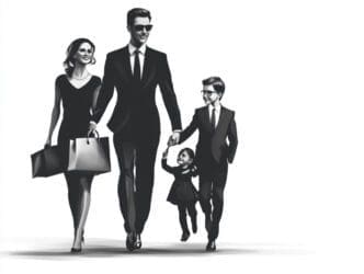 A stylized black and white drawing of a family of four in suits walking together