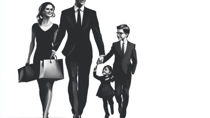 A stylized black and white drawing of a family of four in suits walking together