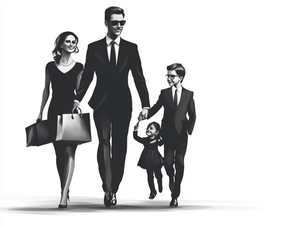 A stylized black and white drawing of a family of four in suits walking together