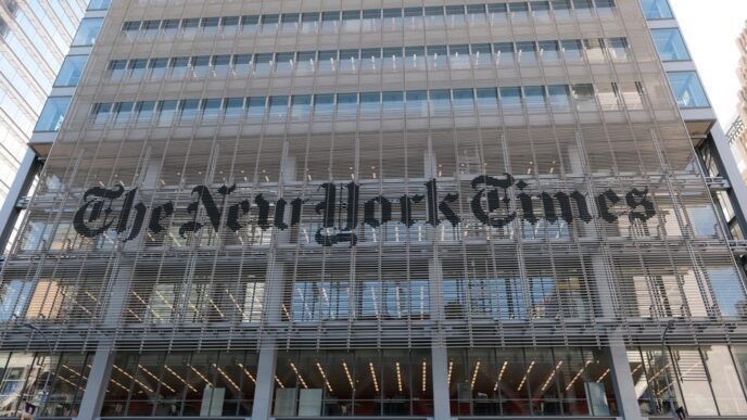 The New York Times building with its large, iconic logo on the facade