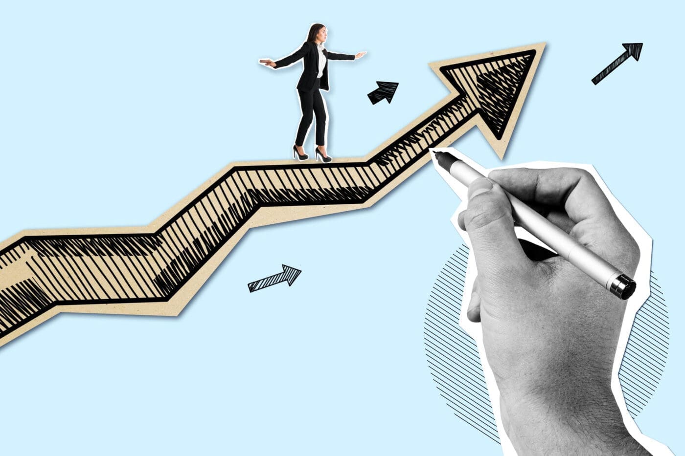 Businesswoman balancing on an upward graph line being drawn by a hand