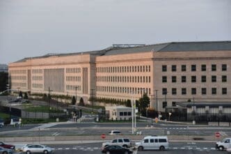 The Pentagon building in Arlington, Virginia, under a cloudy sky