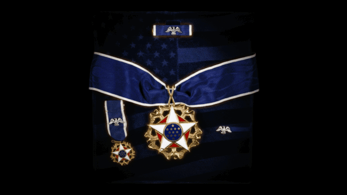 The Presidential Medal of Freedom, a small version of the same medal, and a ribbon bar are displayed on a blue background.