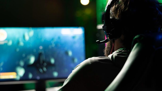 An esports player wearing a headset, looking at a computer screen during a video game