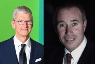 A composite image showing Tim Cook on the left and David Geffen on the right