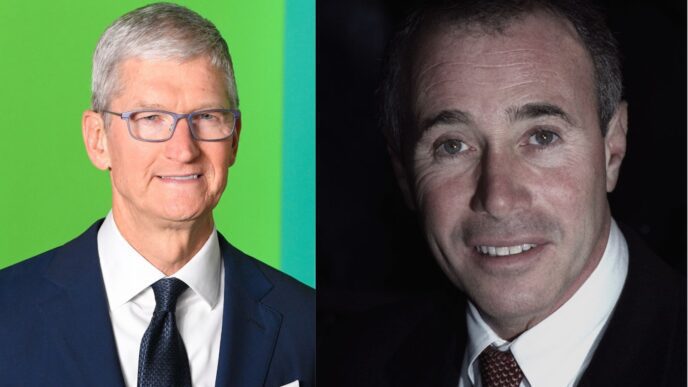 A composite image showing Tim Cook on the left and David Geffen on the right