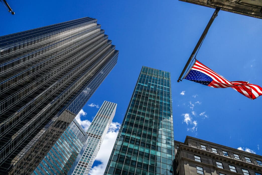 The Trump Tower and other skyscrapers in Manhattan, with an American flag flying