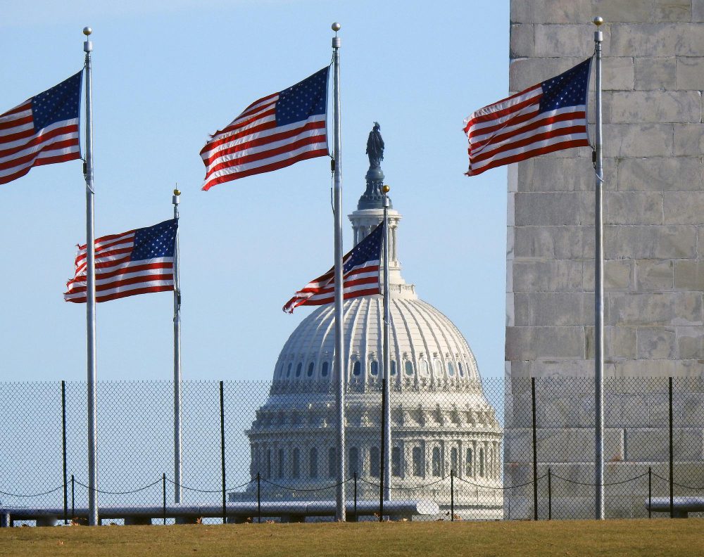 American flags on flagpoles in front of the U.S. Capitol dome