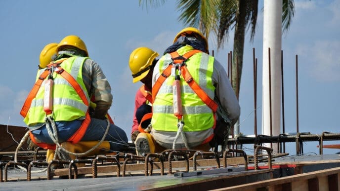 Construction workers in yellow hard hats and safety harnesses sit on a grid of rebar at a building site