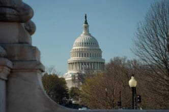 The U.S. Capitol dome is framed by trees and a stone railing against a clear sky