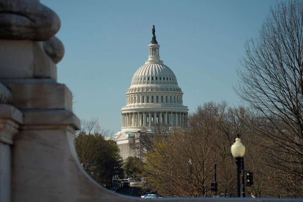 The U.S. Capitol dome is framed by trees and a stone railing against a clear sky