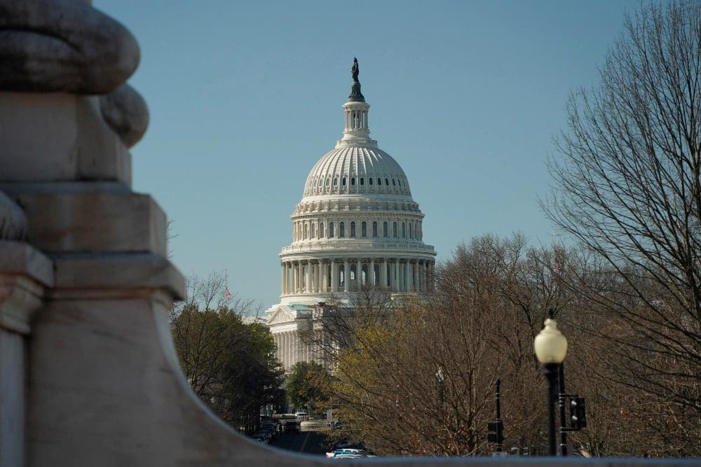 The U.S. Capitol dome is framed by trees and a stone railing against a clear sky