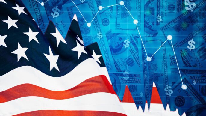 A composite image showing the American flag on the left and a stock market graph in decline over a background of US hundred-dollar bills on the right.