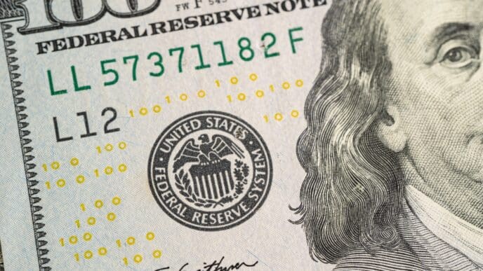 A close-up detail of a one hundred dollar bill showing the Federal Reserve seal and serial numbers