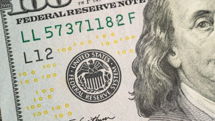 A close-up detail of a one hundred dollar bill showing the Federal Reserve seal and serial numbers
