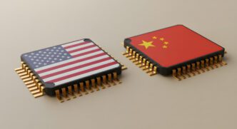 Two microchips with the flags of the USA and China, representing a technological rivalry