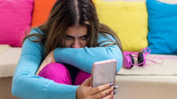 A young person looking worriedly at a smartphone, sitting on the floor with their knees hugged