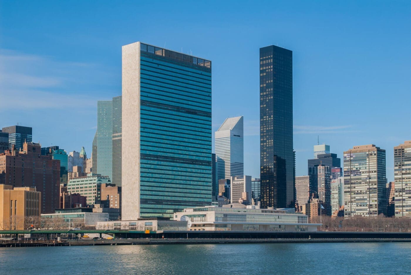The United Nations Headquarters complex in New York City on a clear day