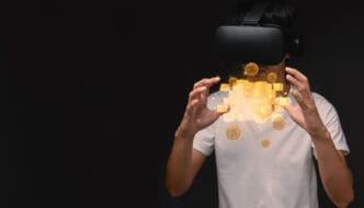 Person wearing VR headset interacts with glowing Bitcoin symbols and blockchain network