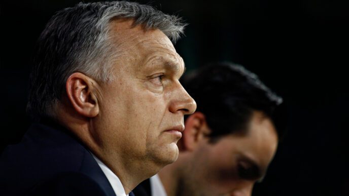 Hungarian Prime Minister Viktor Orbán in profile, looking ahead with a serious expression