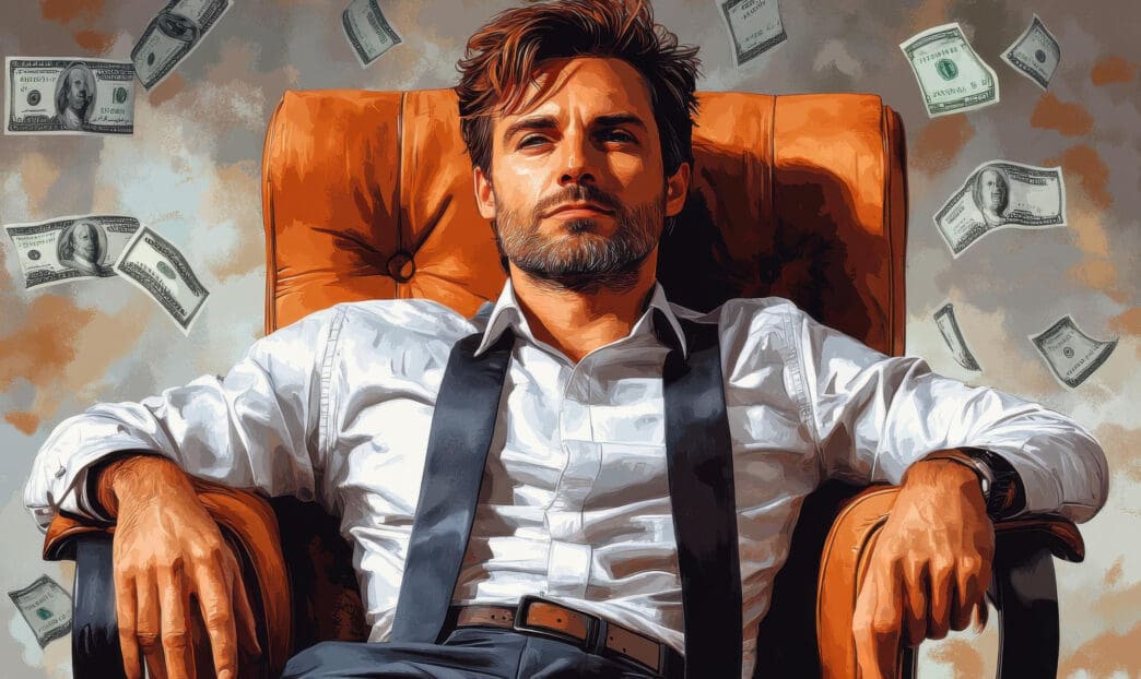 A confident man in a chair surrounded by floating $100 bills