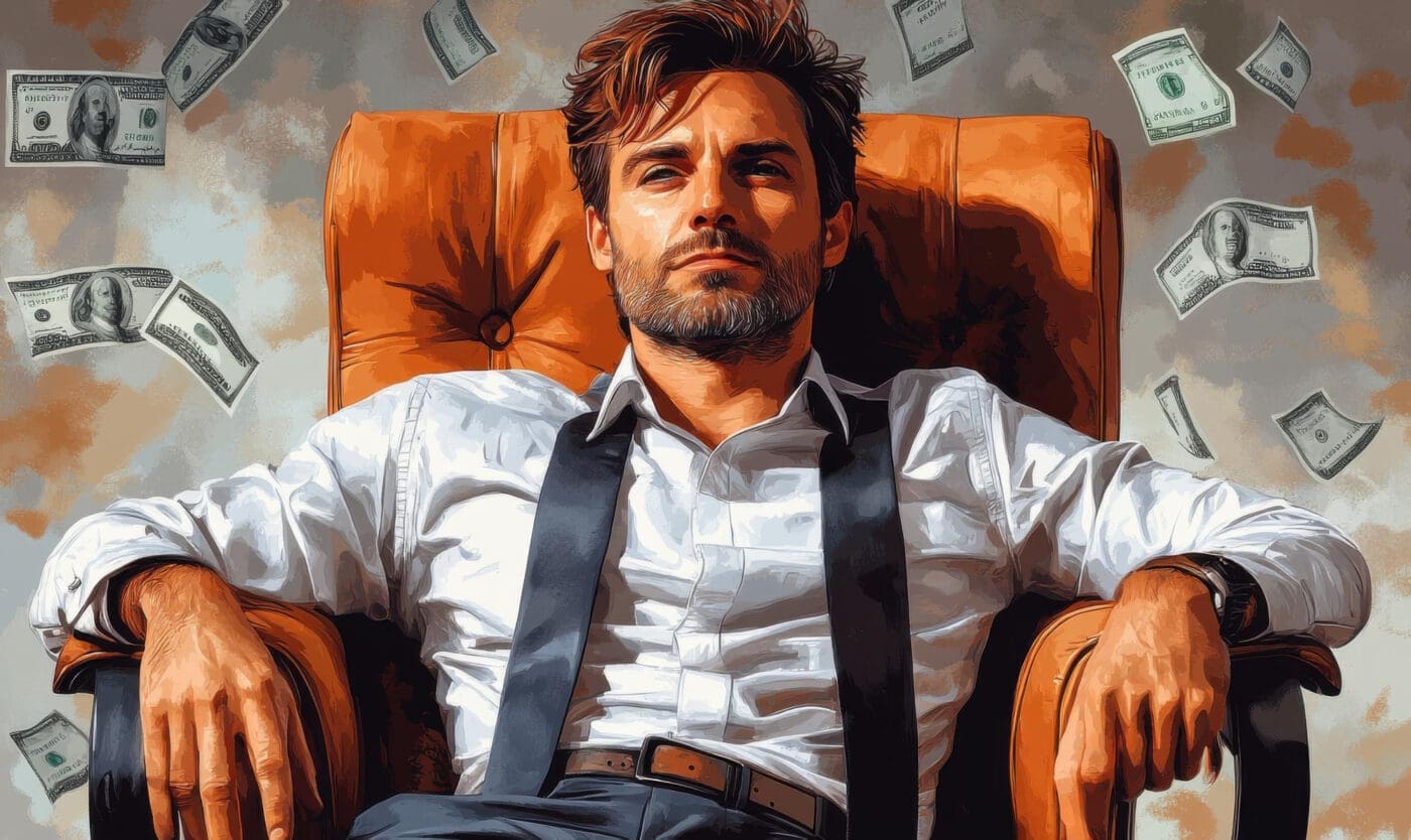 A confident man in a chair surrounded by floating $100 bills