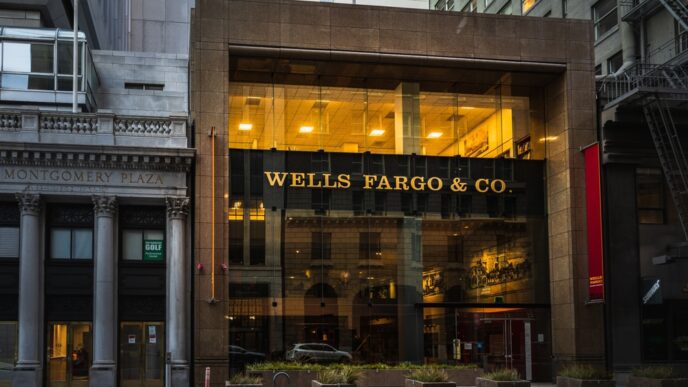 The Wells Fargo & Co. building, with its illuminated interior and glass facade, in San Francisco's Financial District.