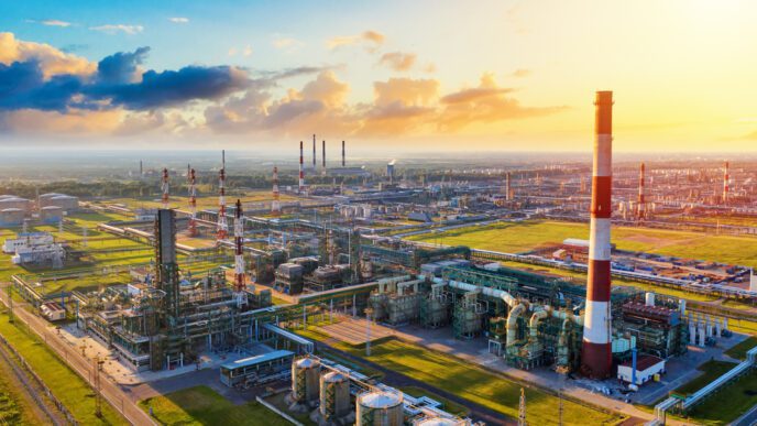 A panoramic aerial view of a sprawling oil refinery complex with many pipes and smokestacks