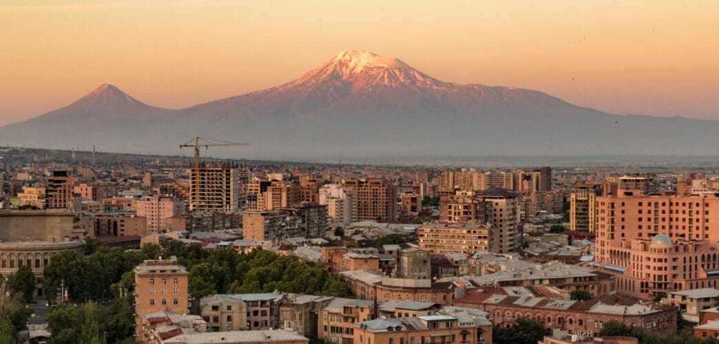 Panoramic view of Yerevan, Armenia, with Mount Ararat in the background at sunset