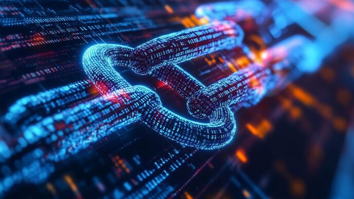 Abstract illustration of interconnected digital chain links, symbolizing blockchain technology.