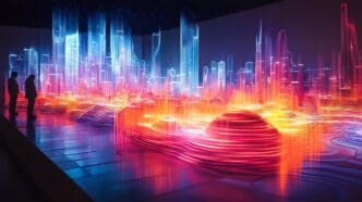 Abstract digital landscape with silhouetted figures.