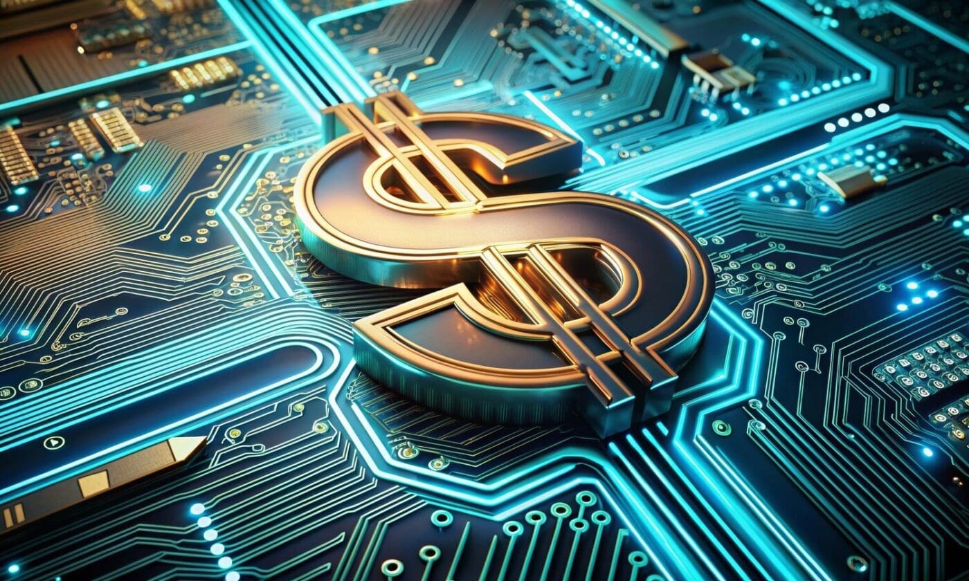 Abstract background with dollar symbols and digital graphics.
