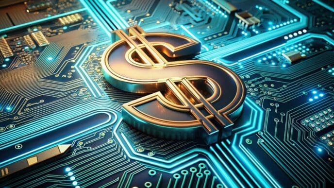Abstract background with dollar symbols and digital graphics.