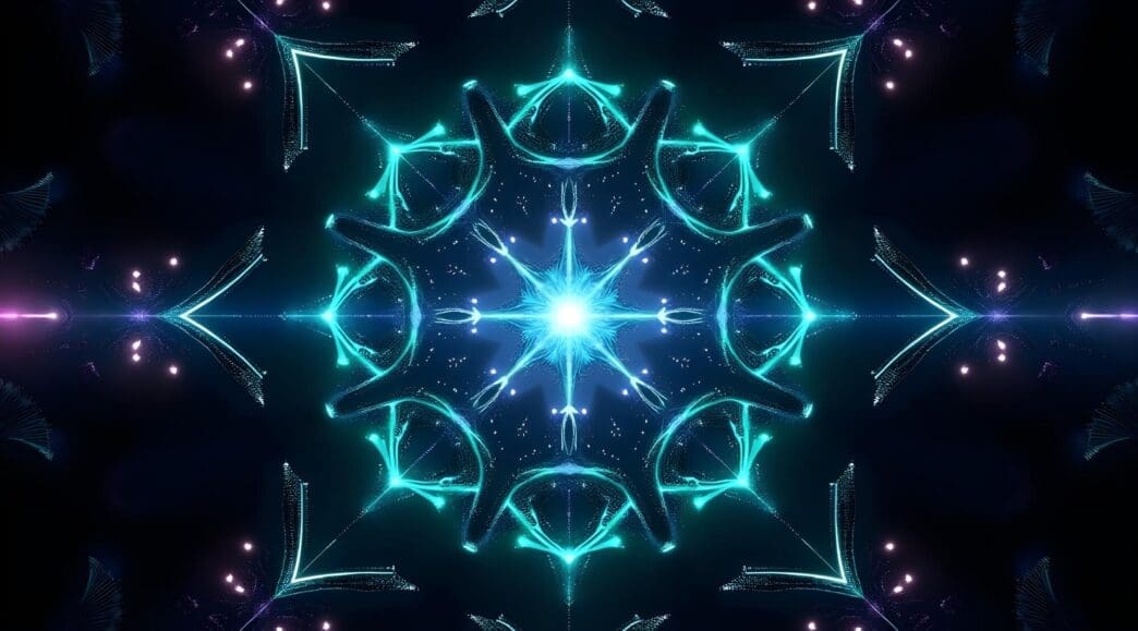 A glowing, symmetrical mandala design with neon light effects and abstract geometric patterns.
