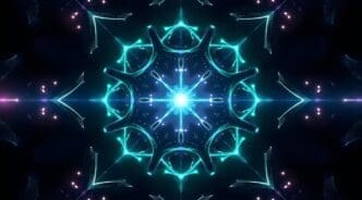 A glowing, symmetrical mandala design with neon light effects and abstract geometric patterns.