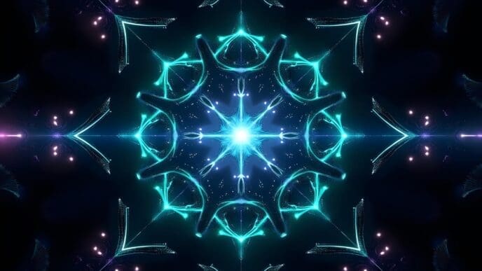 A glowing, symmetrical mandala design with neon light effects and abstract geometric patterns.
