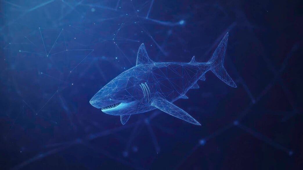 Abstract image of a shark composed of interconnected digital lines and nodes.