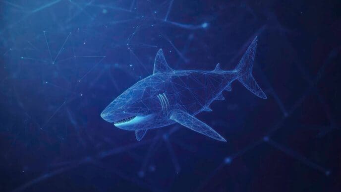 Abstract image of a shark composed of interconnected digital lines and nodes.
