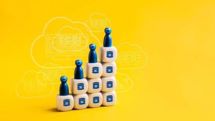 A data center icon with cube blocks, a graph, bot symbols, and cloud storage represents the increased demand for digital infrastructure and smart applications.