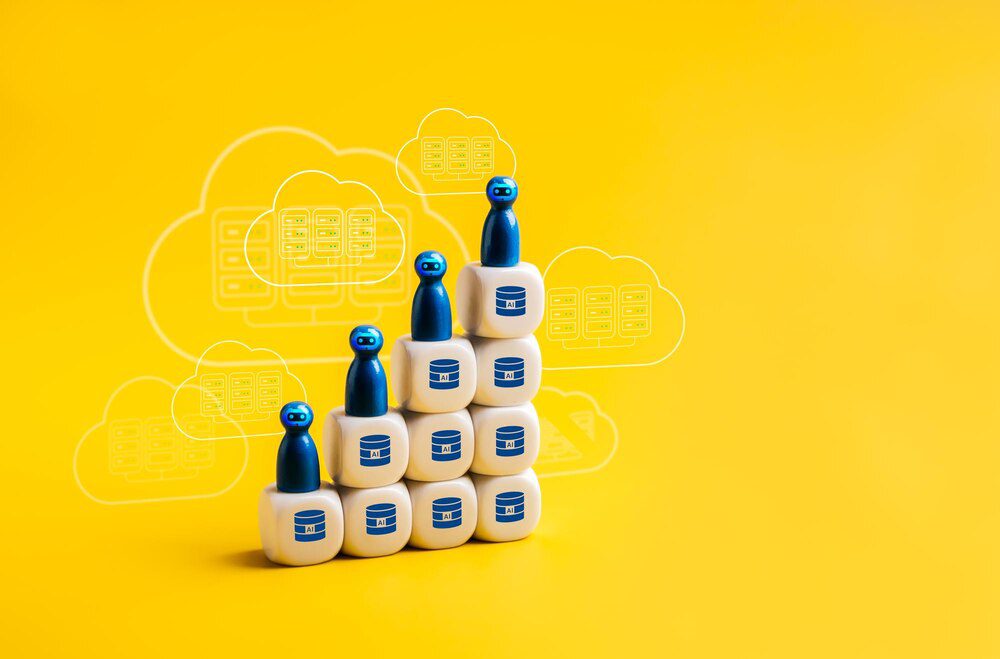 A data center icon with cube blocks, a graph, bot symbols, and cloud storage represents the increased demand for digital infrastructure and smart applications.