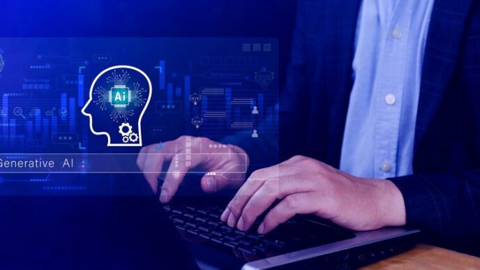 A digitally rendered futuristic scene depicts a smart robot interacting with text on a screen, symbolizing AI and LLMs.