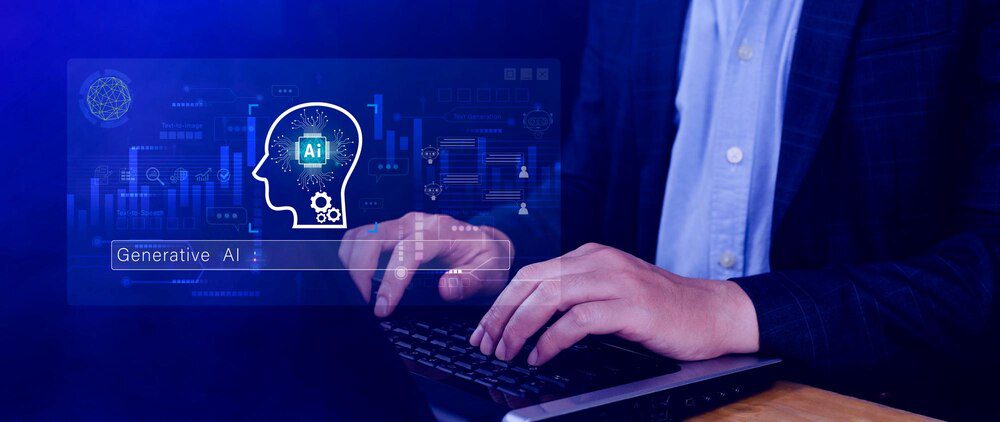 A digitally rendered futuristic scene depicts a smart robot interacting with text on a screen, symbolizing AI and LLMs.