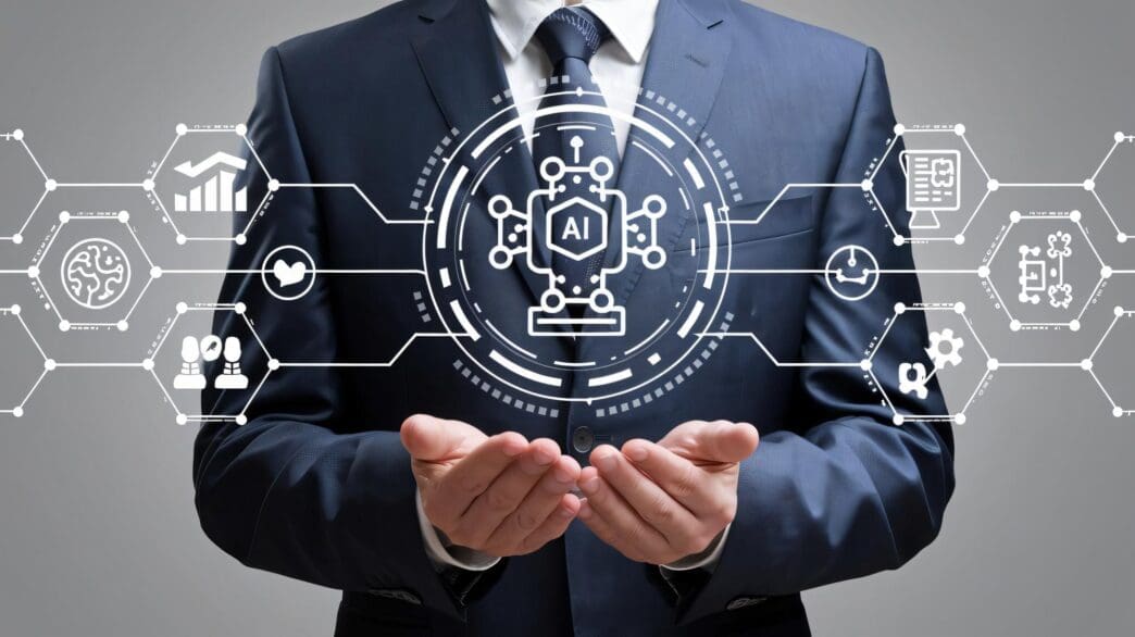 A graphic depicts a lightbulb with a network of connecting lines, illustrating artificial intelligence technology and business growth.