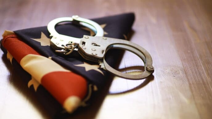 An American flag rests beside a pair of handcuffs on a wooden surface, symbolizing justice and patriotism.