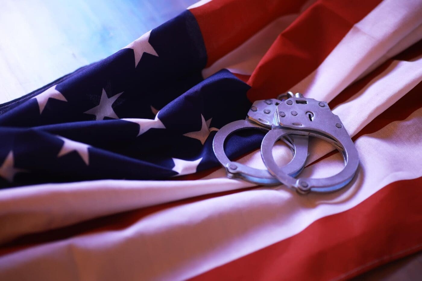 An American flag is draped over a pair of handcuffs, symbolizing law enforcement and justice in the United States.