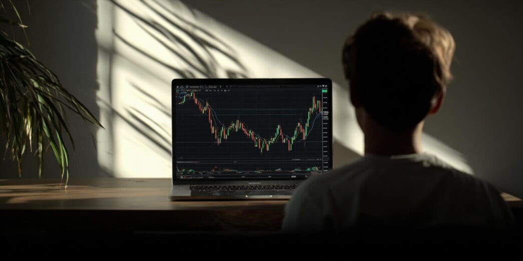 Person using a laptop to analyze stock market trends, likely reviewing charts and data.