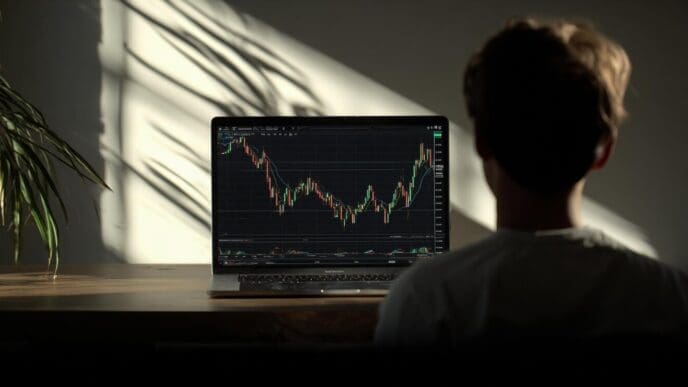 Person using a laptop to analyze stock market trends, likely reviewing charts and data.